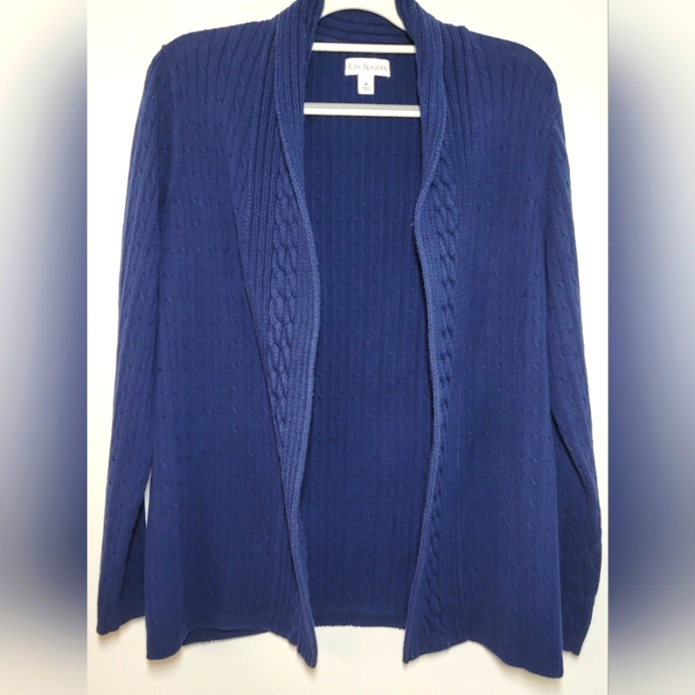 Kim Rogers Open Cardigan Cable Sweater Navy Medium